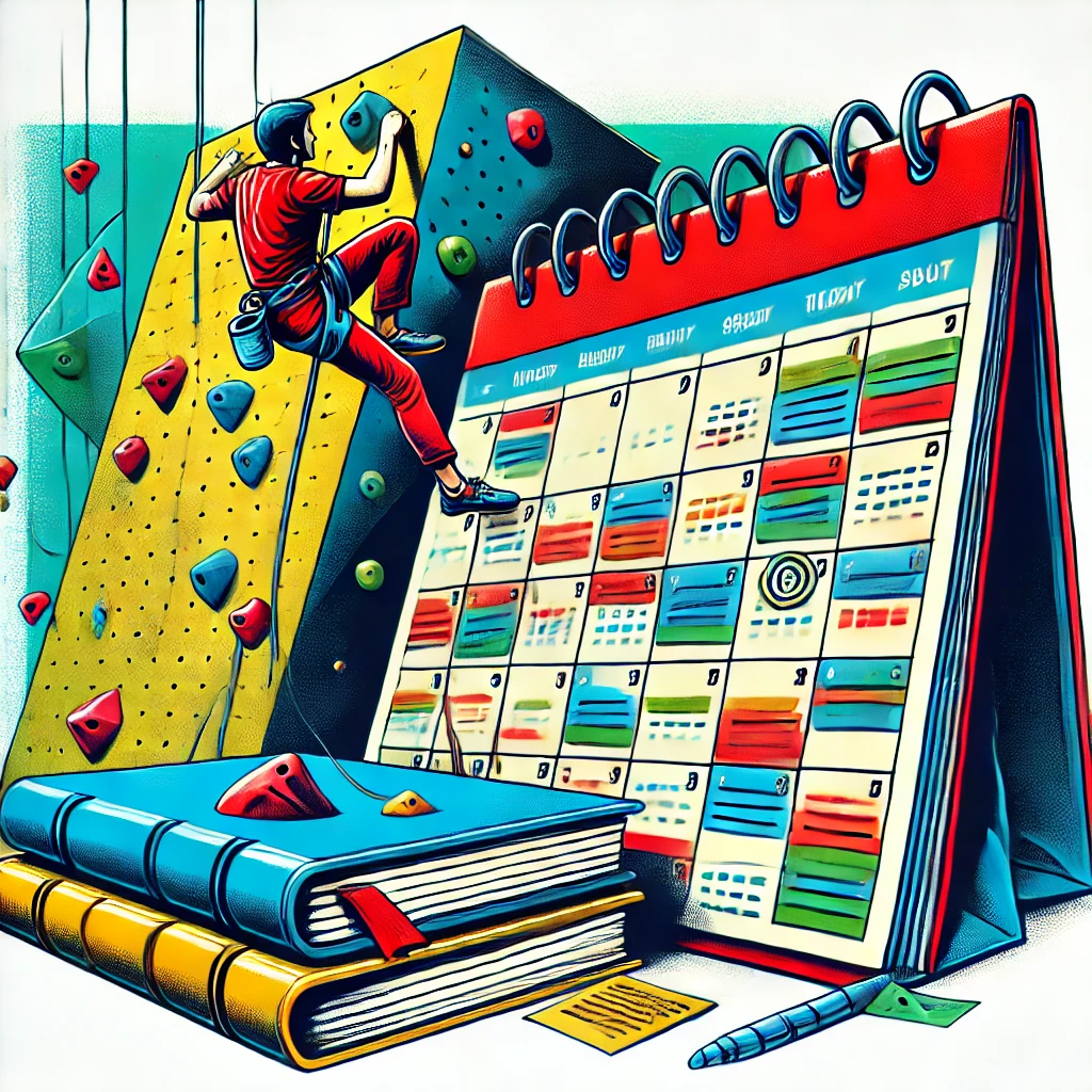 DALL·E 2025-01-17 11.47.39 - An illustration combining rock climbing and a calendar or agenda. The image shows a dynamic scene of a climber scaling a colorful indoor climbing wall.webp